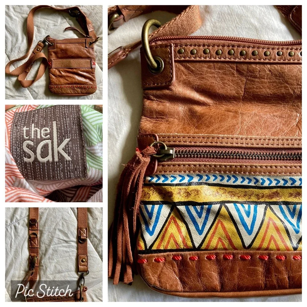 THE SAK Pax Leather Small Crossbody Purse Tribal Brown Convertible Strap Boho